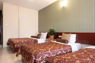 a hotel room with three beds and a potted plant at DİNAR HOTEL in Istanbul