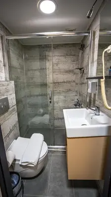 a bathroom with a toilet and a sink and a shower at La Fortuna Taksim Hotel in Istanbul