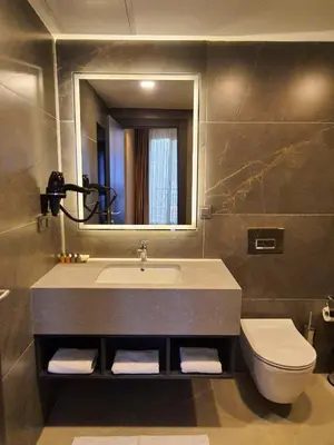 a bathroom with a sink and a toilet and a mirror at Kızılkaya Business Otel in Korfez