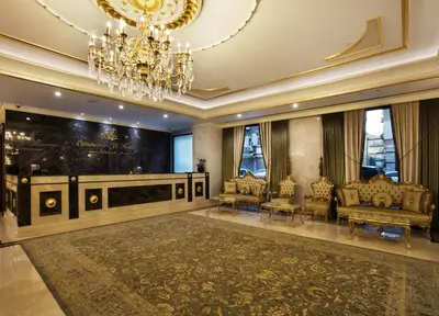 a living room with a chandelier and a large rug at Ottoman's Life Hotel Deluxe in Istanbul