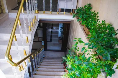 a staircase leading to a building with plants at Mekke Hotel Istanbul in Istanbul