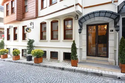 a white building with potted plants on a street at Elyka Hotel in Istanbul