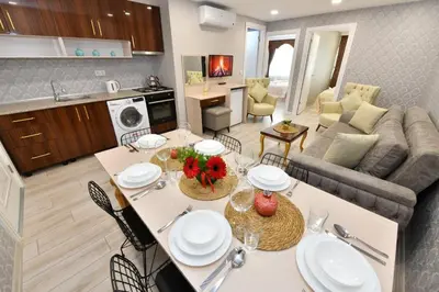 a kitchen and living room with a table and chairs at Sea Moon Hotel in Istanbul