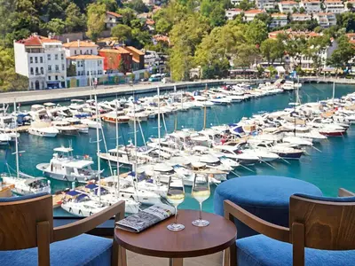 a view of a marina with two glasses of wine at The Grand Tarabya Managed by Accor in Istanbul