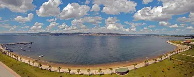 a view of a beach with palm trees and the water at Wellborn Luxury Hotel in Kocaeli