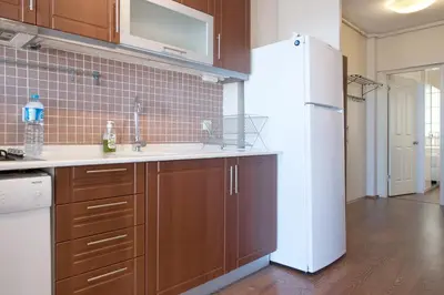 a kitchen with brown cabinets and a white refrigerator at Aslan Apartments in Istanbul