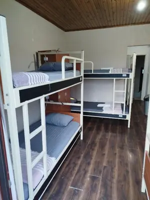 a room with three bunk beds and a wooden floor at ivy hostel cafe in Istanbul