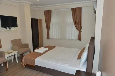 a bedroom with a bed and a chair and a television at Teras Hotel Kağıthane in Istanbul