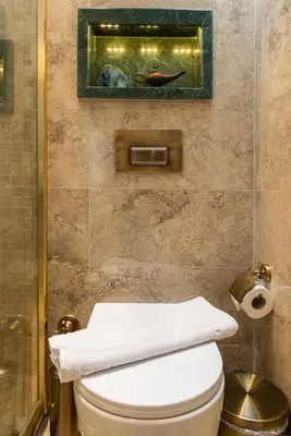 a bathroom with a toilet and a picture on the wall at Begonville 2 Mansion Oldcity in Istanbul