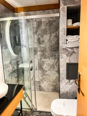 a bathroom with a shower with a sink and a toilet at Triada Hotel Karaköy in Istanbul