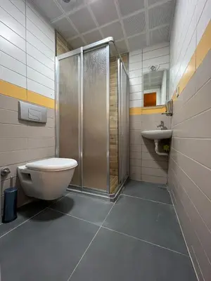 a bathroom with a toilet and a shower and a sink at Chambers of the Boheme in Istanbul