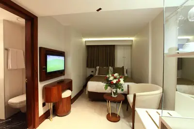 a hotel room with a bed and a television at Victory Hotel & Spa Istanbul in Istanbul