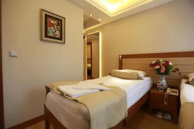 a hotel room with two beds and a vase of flowers at Sirkeci Park Hotel in Istanbul