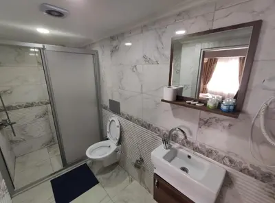 a bathroom with a toilet and a sink and a shower at DELBAB HOTEL in Istanbul