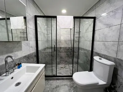 a bathroom with a shower and a toilet and a sink at The Zanadu İstanbul in Istanbul