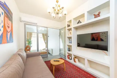 a living room with a couch and a tv at Mayer Tatarbey Apartments in Istanbul