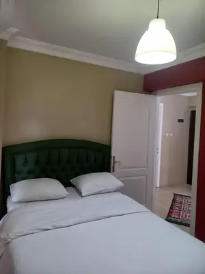 a bedroom with a large bed with a green headboard at Kayıbeyi Hotel & Restaurant in Bursa