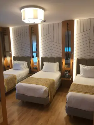 a hotel room with two beds and a chandelier at Maywood Hotel in Istanbul