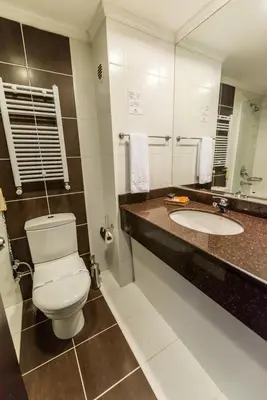 a bathroom with a toilet and a sink and a mirror at Karinna Hotel Convention Center & Spa Luxury - Full Board Plus in Uludag