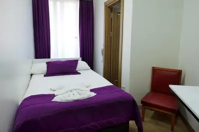 a bedroom with a bed with purple sheets and a red chair at Arya Hotel in Istanbul