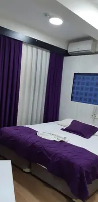 a bedroom with a bed with purple sheets and a window at Arya Hotel in Istanbul