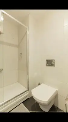 a white bathroom with a shower and a toilet at CTS Elysium Residence Duplex Apt. 85 in Istanbul