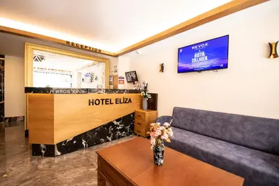 a hotel lobby with a couch and a tv at Eliza Hotel in Istanbul