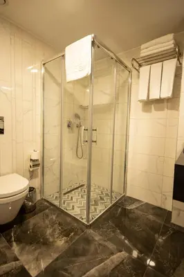 a glass shower in a bathroom with a toilet at Eliza Hotel in Istanbul