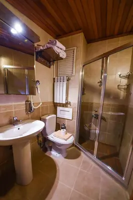 a bathroom with a toilet and a shower and a sink at Kosk Hotel Kadikoy in Istanbul