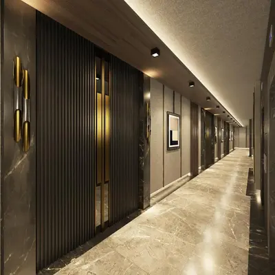 a hallway of a building with black walls and a long corridor at Arts Hotel Taksim in Istanbul