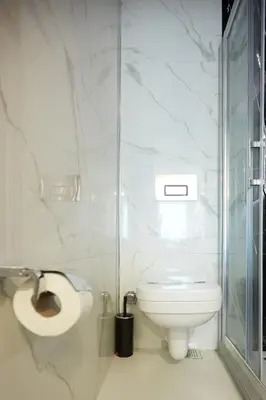 a white bathroom with a toilet and a shower at Kartal Palace Taksim Square FAMILY HOTEL in Istanbul