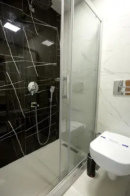 a bathroom with a shower and a toilet at Kartal Palace Taksim Square FAMILY HOTEL in Istanbul