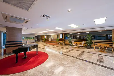 a lobby with a piano and tables and chairs at Dream Hill Business Deluxe Hotel Asia in Istanbul