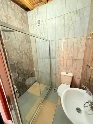 a bathroom with a shower and a toilet and a sink at ÖZ Butik Otel Antik Kent Myrleia in Mudanya