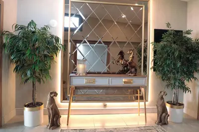 a dresser with a mirror and two plants in a room at Avrasya Port Hotel in Istanbul