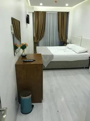 a bedroom with a bed and a desk with a desk at Beyhan Hotel in Istanbul