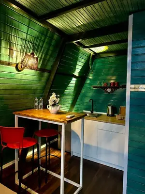a kitchen with green walls and a table with red chairs at Kadifeli Konak Hotel & Bungalow in Kocaeli