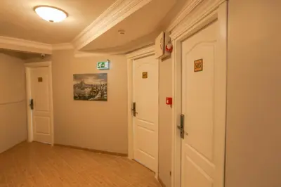 a hallway with two doors and a painting on the wall at Şehir Hotel Old City in Istanbul