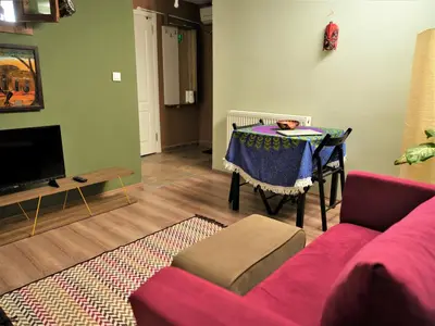 a living room with a pink couch and a table at Elele Aparts in Istanbul