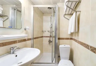 a bathroom with a shower and a toilet and a sink at Elan Hotel Istanbul Pera in Istanbul