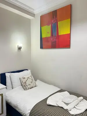 a bedroom with a bed with a painting on the wall at Sofia Corner Hotel in Istanbul
