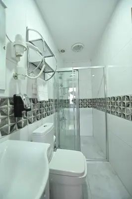 a bathroom with a shower and a toilet and a sink at Safir Gold Hotel in Istanbul