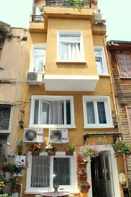 a building with windows and flowers in front of it at Masal Hotel in Buyukada
