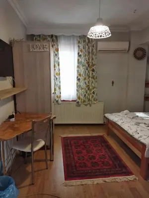 a living room with a bed and a table and a rug at Nelly Guesthouse in Istanbul