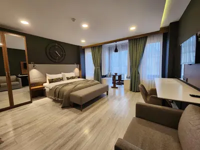 a bedroom with a bed and a couch and a tub at Taksim Landhouse Hotel in Istanbul