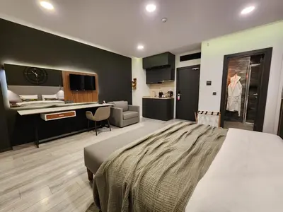 a bedroom with a large bed and a living room at Taksim Landhouse Hotel in Istanbul
