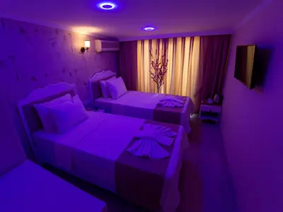 a purple room with two beds and a tv at Vander Valk İstanbul Hotel in Istanbul