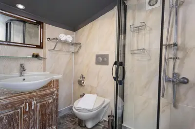 a bathroom with a shower and a toilet and a sink at Wonder Wood Hotel in Istanbul