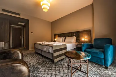 a hotel room with a bed and a chair at Heybeli Garden in Bursa
