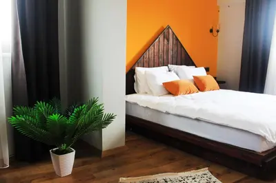 a bedroom with a bed with orange walls and a plant at Fuego Design Suites in Istanbul